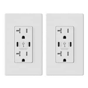 20 Amp 30-Watt Dual Type C USB Wall Charger with Duplex Tamper Resistant Outlet, Wall Plate Included, White (2-Pack)