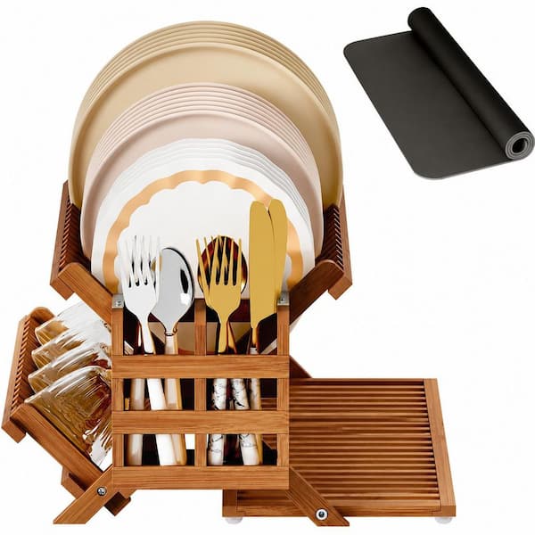 Kitchen Sink Teak Bamboo 3-Tier Collapsible Dish Drying Rack with Utensil Holder and Absorbent Mat for Kitchen C