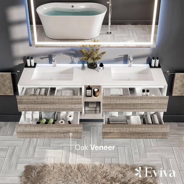 Vienna 75 in. W x 20.5 in. D x 22 in. H Floating Double Bathroom Vanity in Ash with Integrated Acrylic Top in White