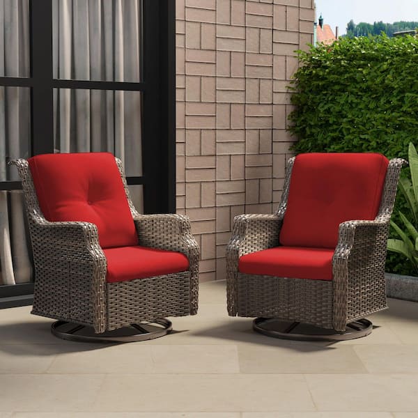 2-Piece Outdoor Patio Wicker Lounge Chair Swivel Rocking Chair with Red Cushions