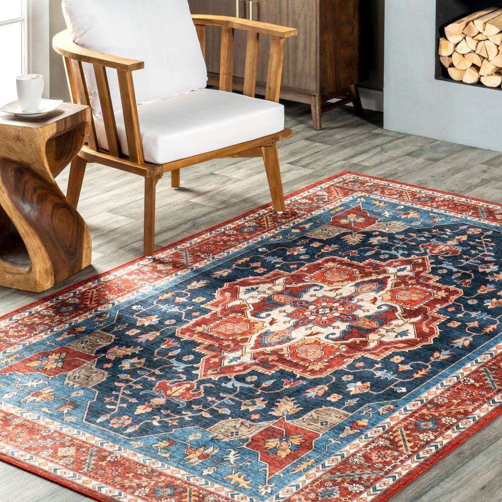 Hera Blue and Red Medallion Washable Synthetic Area Rug