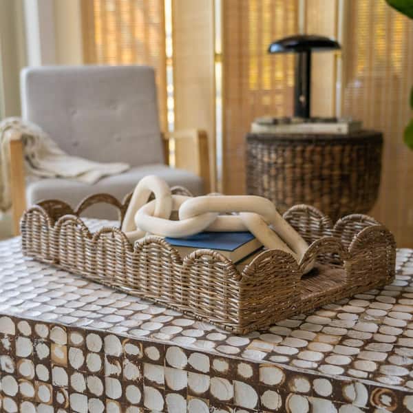 Rattan Tray Scalloped Edge Rattan Basket Decorative Rattan Serving Tray Rattan Organizer Trays Multipurpose Table Decor Trays Family Kitchen Farmhous