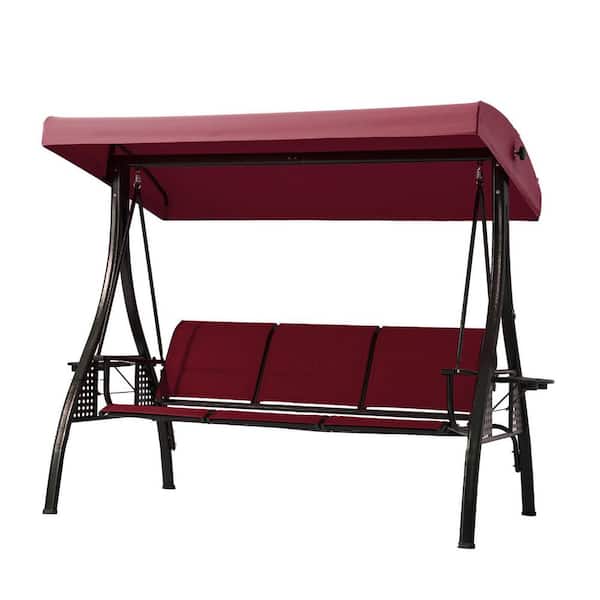Zeus & Ruta 3-Seat Black Metal Outdoor Patio Swing Chair with Textilene Backrest and 2 Cup Holders, Adjustable Canopy, Red Cushion