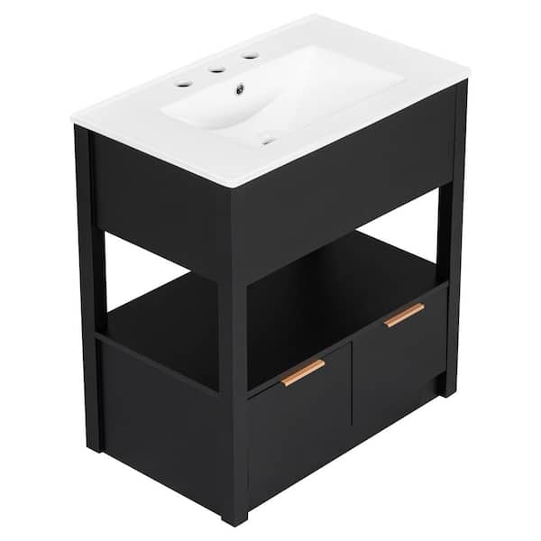 Unbranded 30 in. W x 18.3 in. D x 32.5 in. H Freestanding Bath Vanity in Black with White Porcelain Top, 2-Drawers
