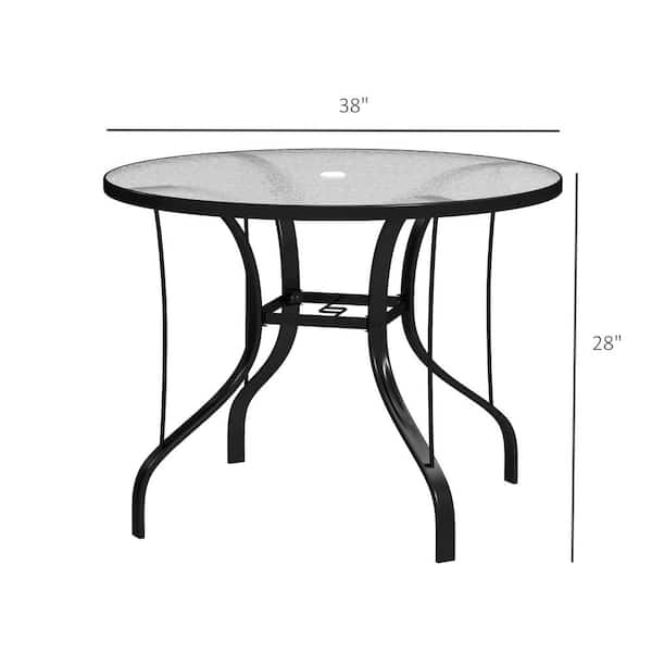 48 round glass patio table with umbrella hole 48" TOPS 2" Center Glass table Weather and shatter resistant Made in the USA Product Type Mondawe Cast Aluminum Round Outdoor