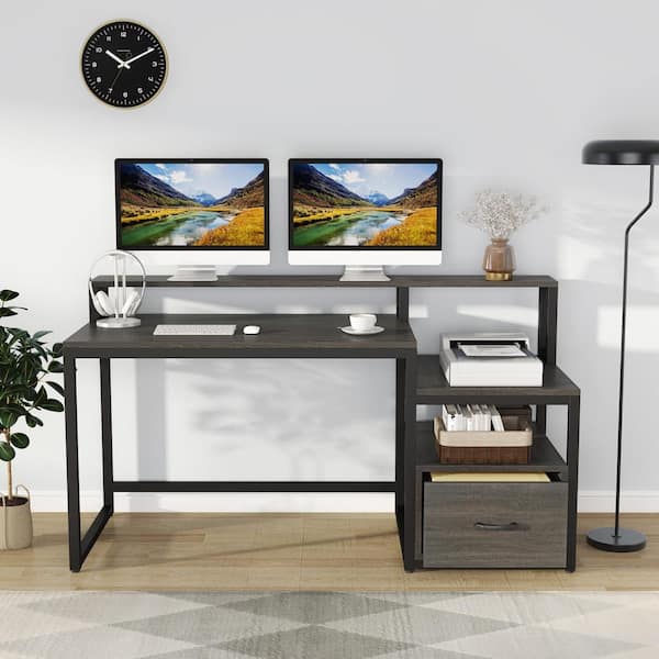 BYBLIGHT Havrvin 61 in. Rectangular Gray Engineered Wood 1-Drawer Computer Desk with Shelves File Drawer and Hutch