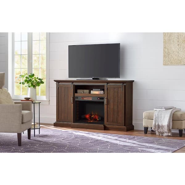 Home Decorators Collection Chastain 68 in. Freestanding Media Console Electric Fireplace TV Stand with Sliding Bar Door in Rustic Walnut
