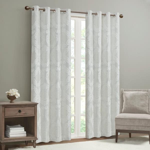 Madison Park Loraine White Damask Knitted Jacquard Paisley 50 in. W x 84 in. L Blackout Grommet Top Curtain