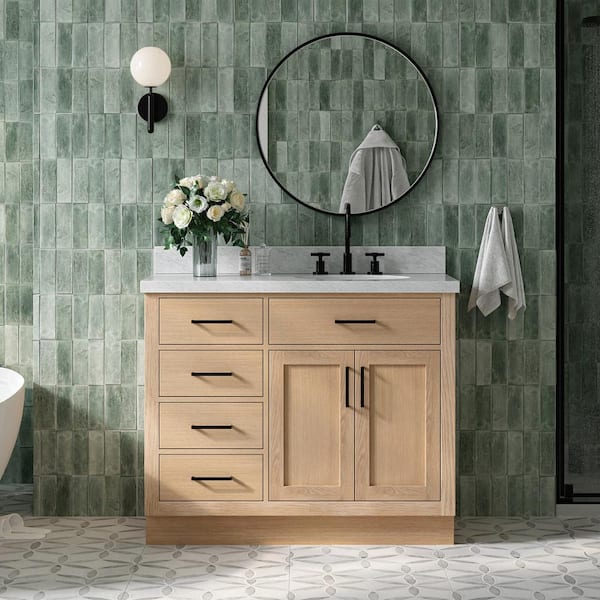 ARIEL Hepburn 43 in. W x 22 in. D x 36 in. H Single Freestanding Bath Vanity in Oak with Italian Carrara Marble Top