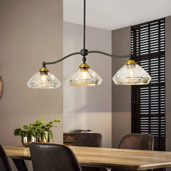 Tudor 3-Light 39.37 in. Matte Black Modern Industrial Pendant Light with Electroplated Cracked Silver Glass Shades