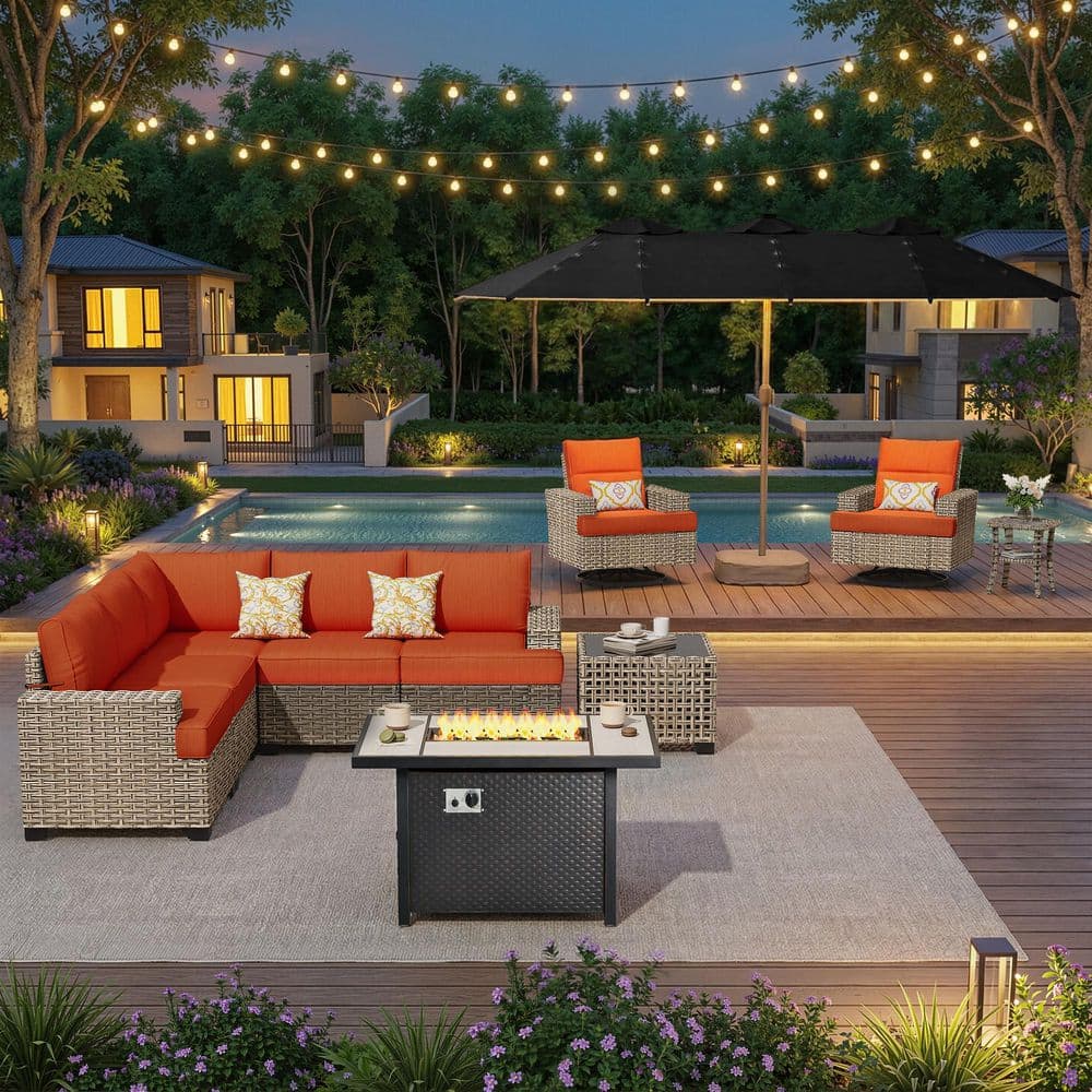 Tiberty Gray 11-Piece Wicker Patio Conversation Set with Orange Red Cushions and Patio Umbrella in Dark Gray price history on PriceWatchPro
