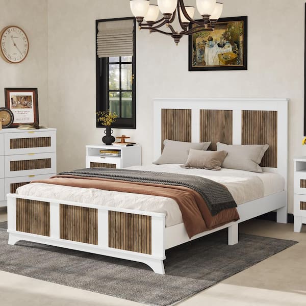 Harper & Bright Designs Farmhouse White Wood Frame Queen Size Platform Bed with Wooden Strip Decoration, Extra Support Legs