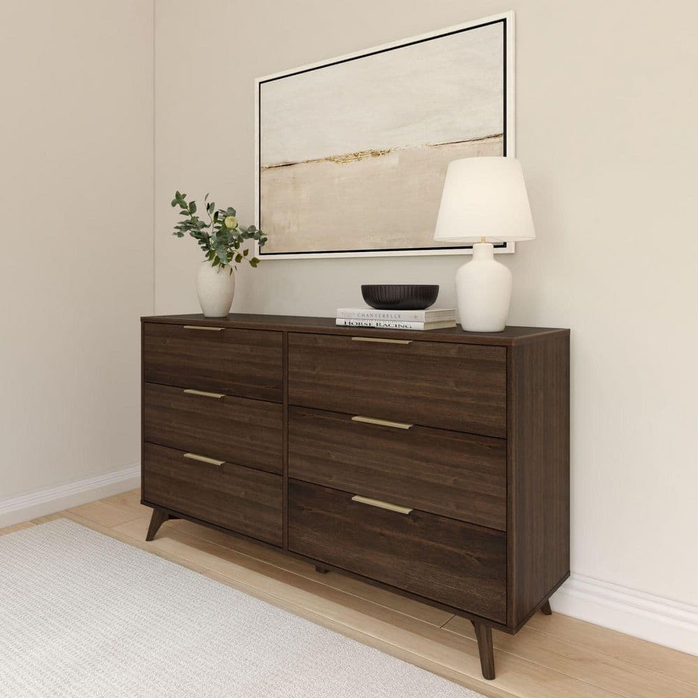 Haven Walnut 6 Drawer 59.5 in. Wide Chest of Drawers Dresser