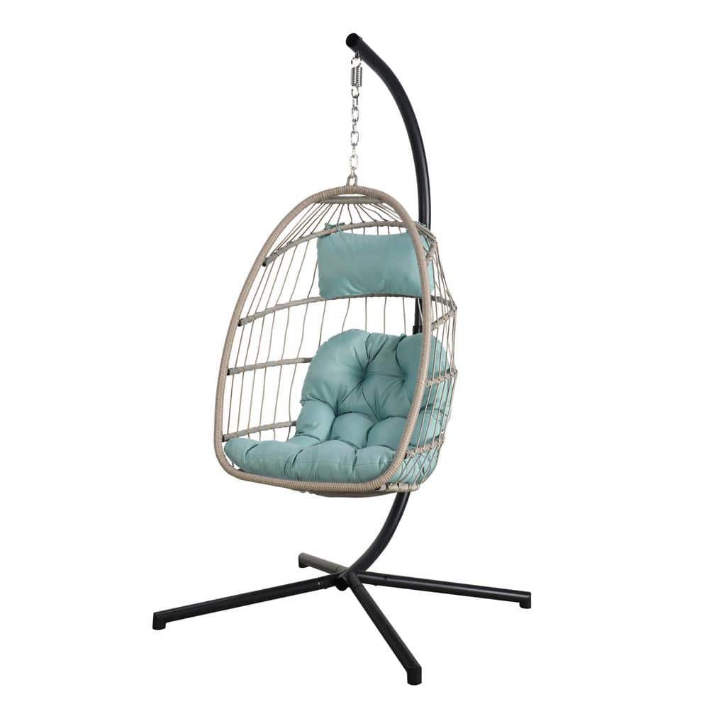 Outdoor Wicker Beige Patio Swing Egg Chair with Stand, Tiffany Blue Cushion