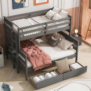 Detachable Style Gray Wood Twin Over Full Bunk Bed with 2-Drawer, Built-in Ladder