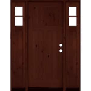 60 in. x 80 in. Alder 3 Panel Left-Hand/Inswing Clear Glass Red Mahogany Stain Wood Prehung Front Door with Sidelites