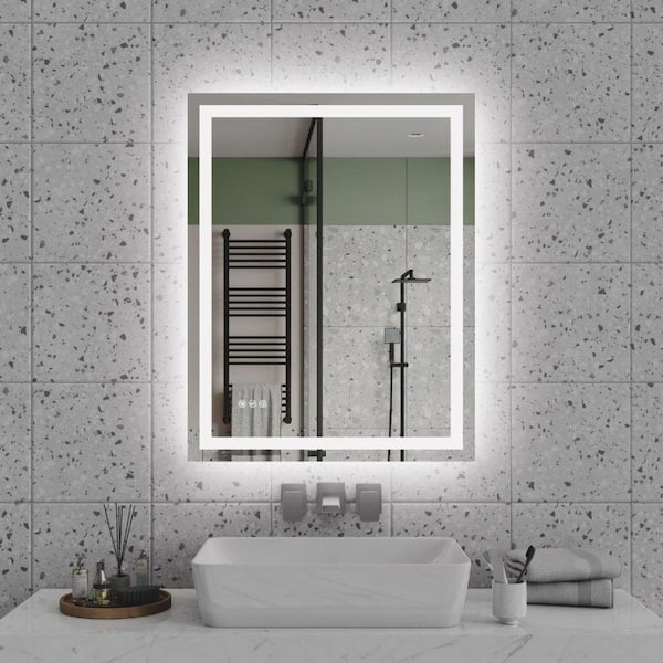 28 in. W x 36 in. H Rectangular Frame Wal Bathroom Mirror w/ Front-Lit and Back-Lit, 3 Colors, Shatter-Proof, Anti-Fog