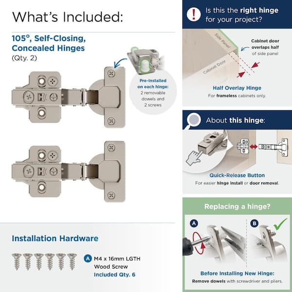 Self-Closing Concealed Frameless Cabinet Hinge with Half Overlay (2-Pack) Self-Closing Concealed Frameless Cabinet Hinge with Half Overlay (2-Pack)