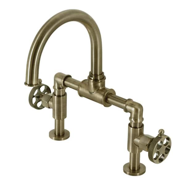 Kingston Brass Webb Bridge 8 in. Widespread 2-Handle Bathroom Faucet with Push Pop-Up in Antique Brass