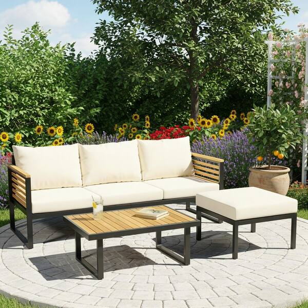 3-piece Acacia Wood and Metal outdoor Patio Sofa Set with White Cushions