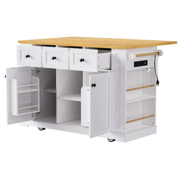 Tenleaf White Wood Kitchen Cart Kitchen Island with Drop Leaf, Power Outlet, Storage Rack, Drawer