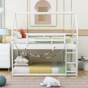 White Twin Over Twin Floor Wood House Bunk Bed with Ladder Twin Low Kids Bunk Bed Frame with House Shape Roof