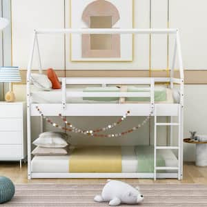 White Twin Low Bunk Bed House Shape Floor Bed Frame with Ladder and Safety Guardrail for Kids Boys Girls