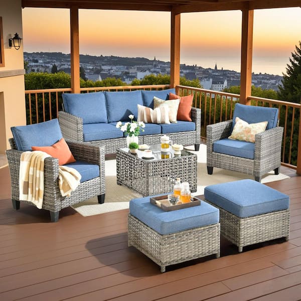 Audrey Gray 6-Piece Wicker Swivel Outdoor Patio Conversation Sofa with Coffee Table And Denim Blue Cushions