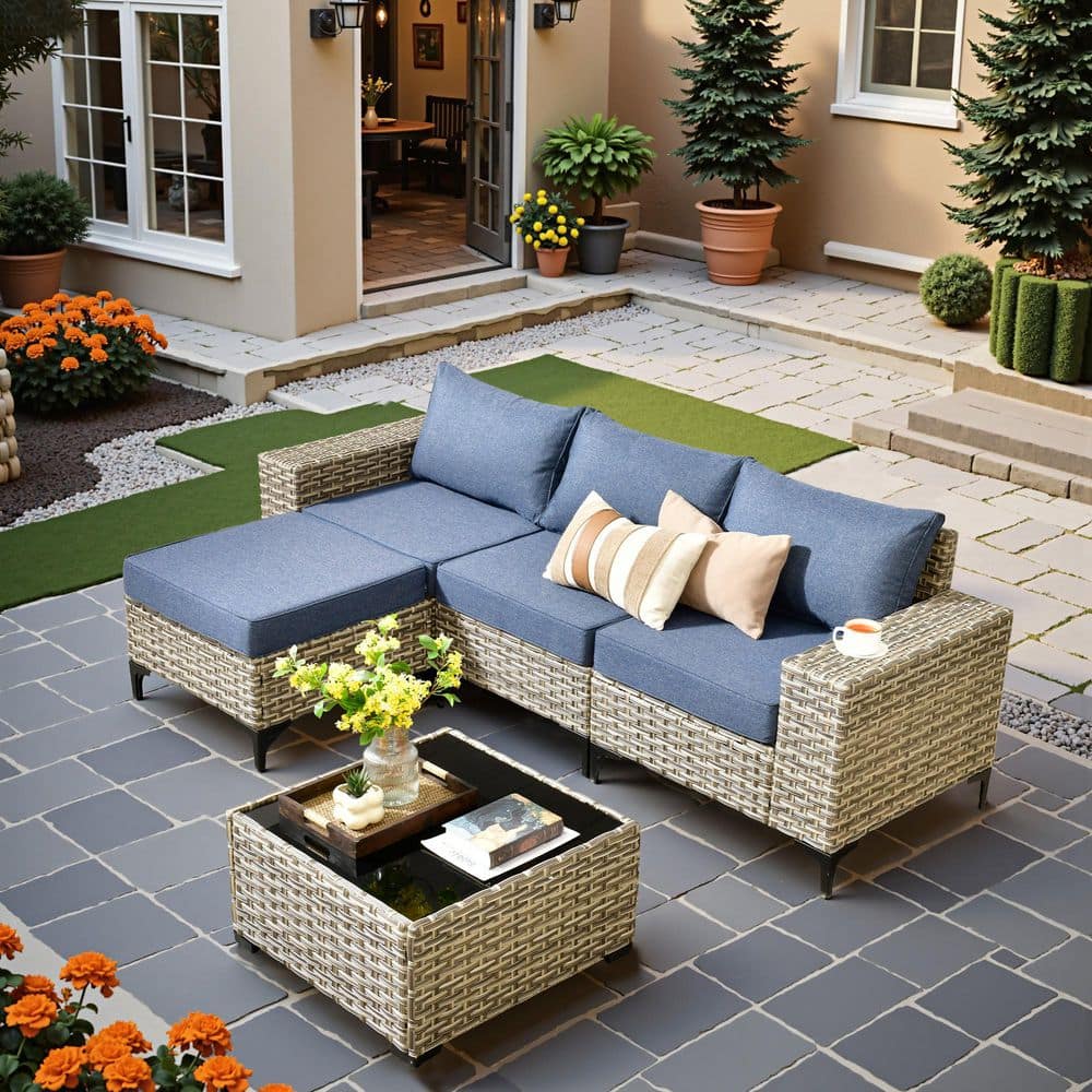 5-Piece Gray Wicker Outdoor Sectional Set Patio Conversation Seating Sofa Set with Denim Blue Cushion for Backyard price history on PriceWatchPro