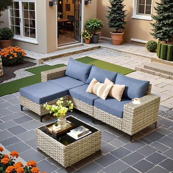5-Piece Gray Wicker Outdoor Sectional Set Patio Conversation Seating Sofa Set with Denim Blue Cushion for Backyard