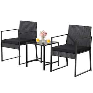 3-Pieces PE Wicker Patio Furniture Set Hand-Woven Chairs with Tempered Glass Coffee Table & Soft Cushions Black