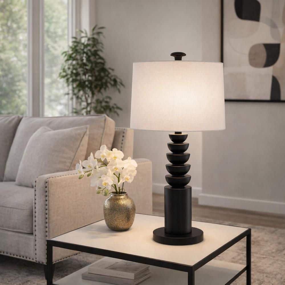 27 in. Black Resin Metal Carved Totem Table Lamp with White Linen Shade price history on PriceWatchPro