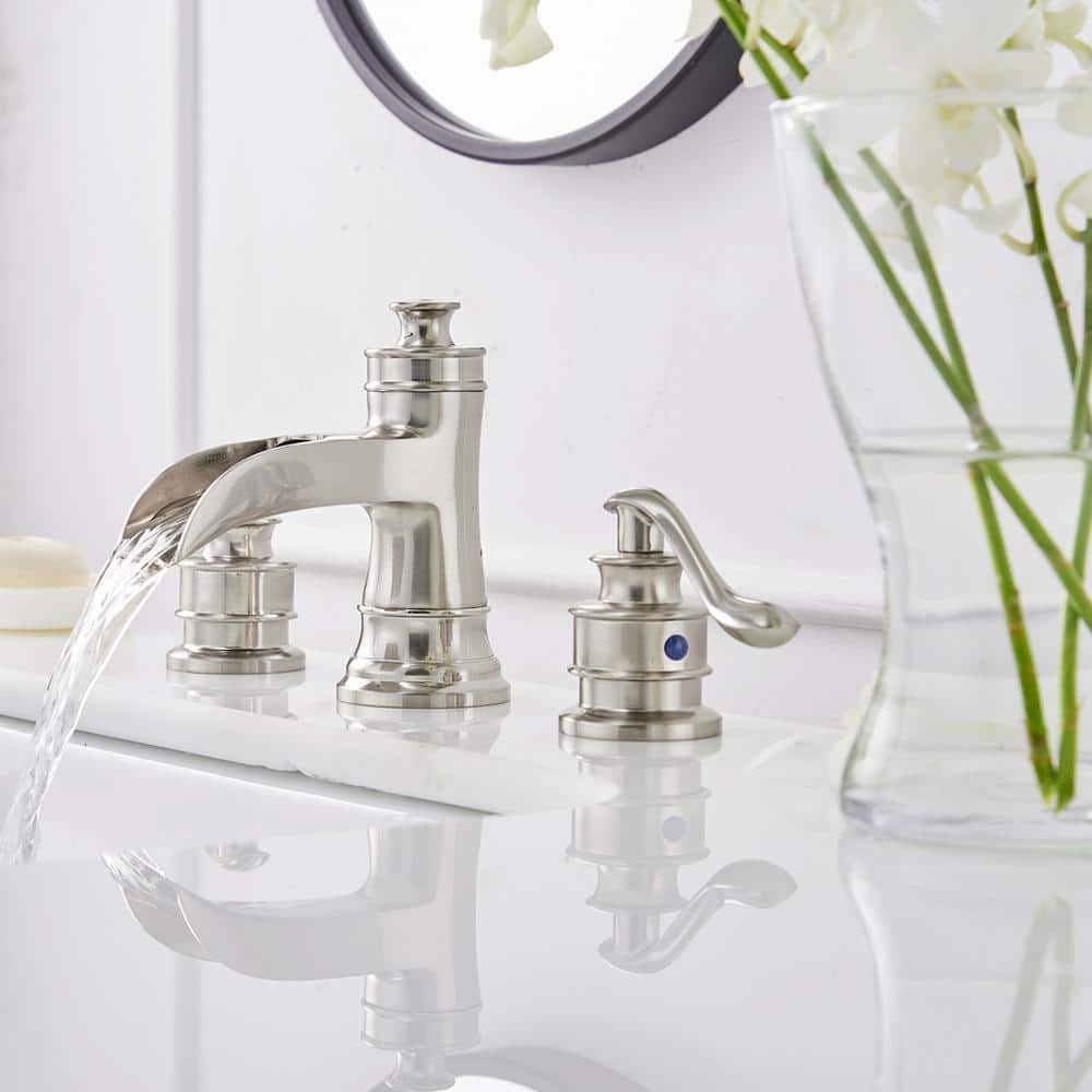 Brushed Nickel 8-Inch Widespread Waterfall Bathroom Faucet