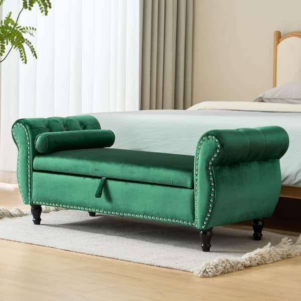 Brenton Emerald Velvet Tufted Upholstery Rectangular Storage Ottoman Bench with Pillow, Rolled Arms