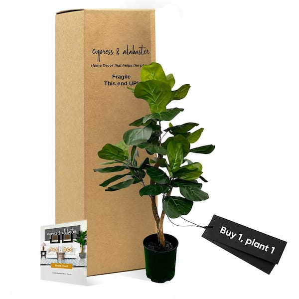CYPRESS & ALABASTER Handmade 3 ft. Artificial Fiddle Leaf Fig Tree in Home Basics Plastic Pot Made with Real Wood and Moss Accents
