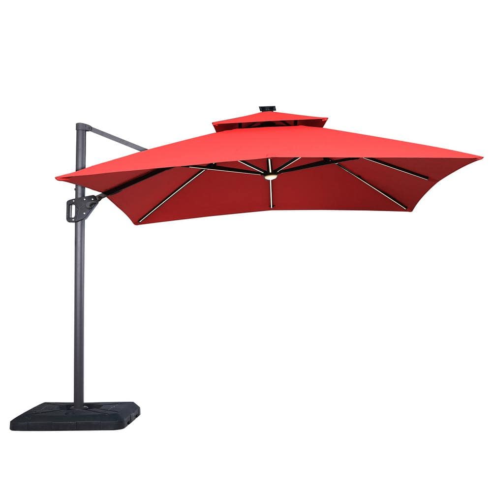 Red 10' Square Cantilever Patio Umbrella with LED Lights