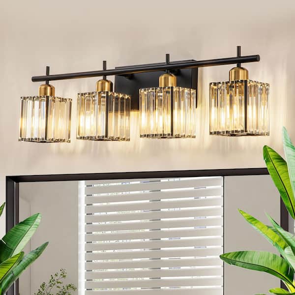 TinHon 28 in. 4-Light Matte Black and Gold Crystal Vanity Light, Modern Bathroom Wall Light Fixture Over Mirror