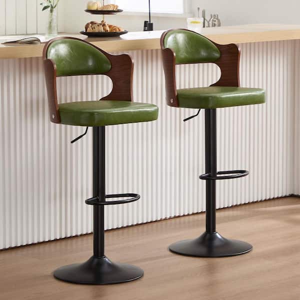 43.31 in. H Modern Green Faux Leather High Back Metal Base Height Adjustable Swivel Bar Stool with Footrest Set of 2