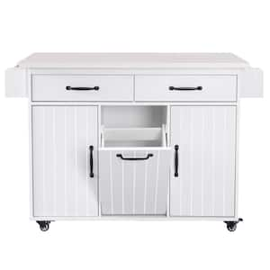 White Wood 51 in. Kitchen Island on 5 Wheels with Drop Leaf and Trash Can Storage Cabinet