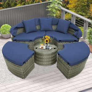 Patio Rattan Wicker Outdoor Day Bed Sectional Seating Side Table and Retractable Canopy with Navy Cushions