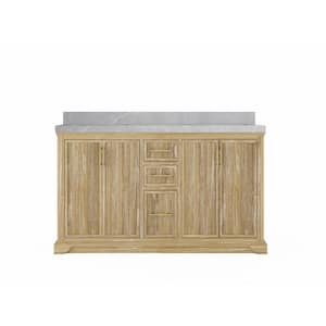 Alys Teak 60 in. W x 22 in. D x 36 in. H Double Sink Bath Vanity in Whitewashed with 2" Pearl Gray Top