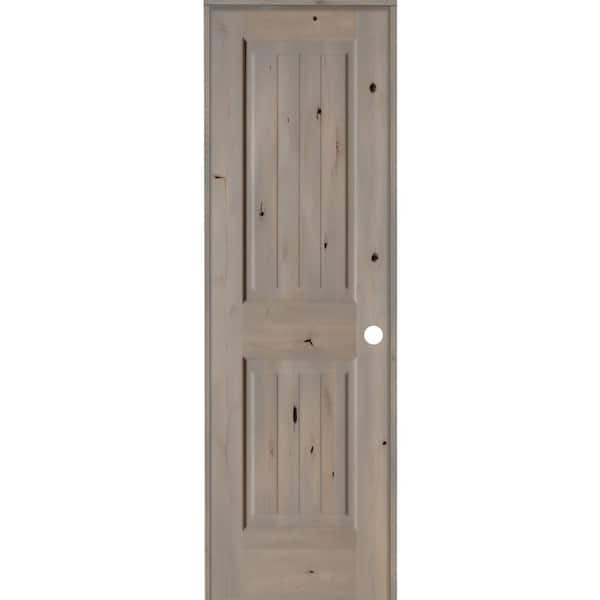 Krosswood Doors 24 in. x 80 in. Knotty Alder 2 Panel Left-Hand Square Top V-Groove Grey Stain Solid Wood Single Prehung Interior Door