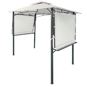 13 ft. L x 4.5 ft. W Steel Double Tiered Backyard Patio BBQ Grill Gazebo with Bar Counters & Extendable Shades, White