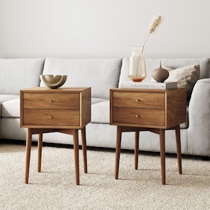 Harper 16 in. Mid-Century Oak Wood Nightstand with 2-Drawers, Small Side or End Table with Storage, Brown, Set of 2