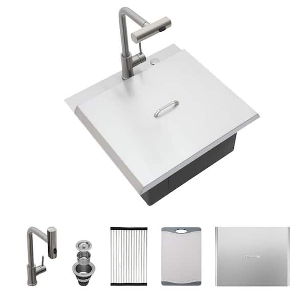 21 in. Drop-In Single Bowl 16 Gauge Brushed Nickel Stainless Steel Kitchen Sink with Faucet and Workstation