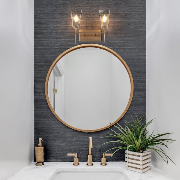 Modern 14.2 in. 2-Light Bell Gold Vanity Light Bathroom Wall Light Fixture with Seeded Glass Shades