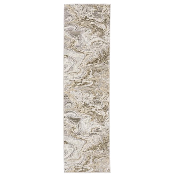 Newcastle Beige/Ivory 2 ft. x 8 ft. Abstract Marble Polyester Indoor Runner Area Rug