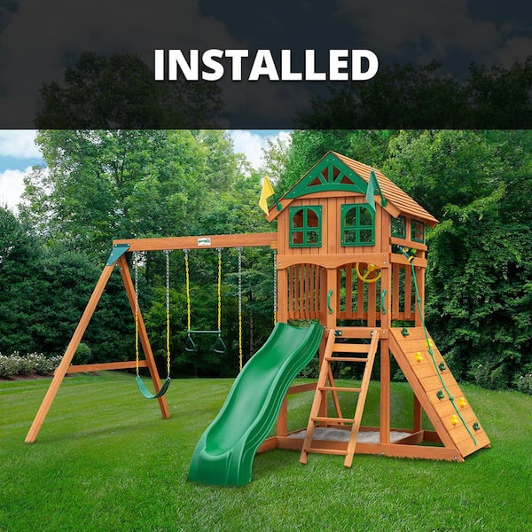 Gorilla Playsets Professionally Installed Outing III Wooden Outdoor Playset with Wood Roof, Slide, Sandbox, and Swing Set Accessories