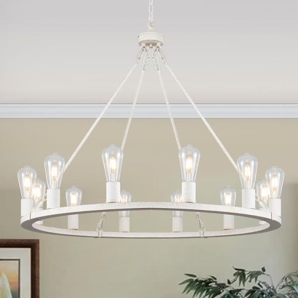 LWYTJO Loughlam 12 Light White Farmhouse Candle Style Wagon Wheel Chandelier for Living Room Kitchen Island Dining Room Foyer