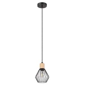 Pamorla 6.25 in. W x 6.3 in. H 1-Light Structured Black Pendant Light with Open Frame Shade and Wood Accents